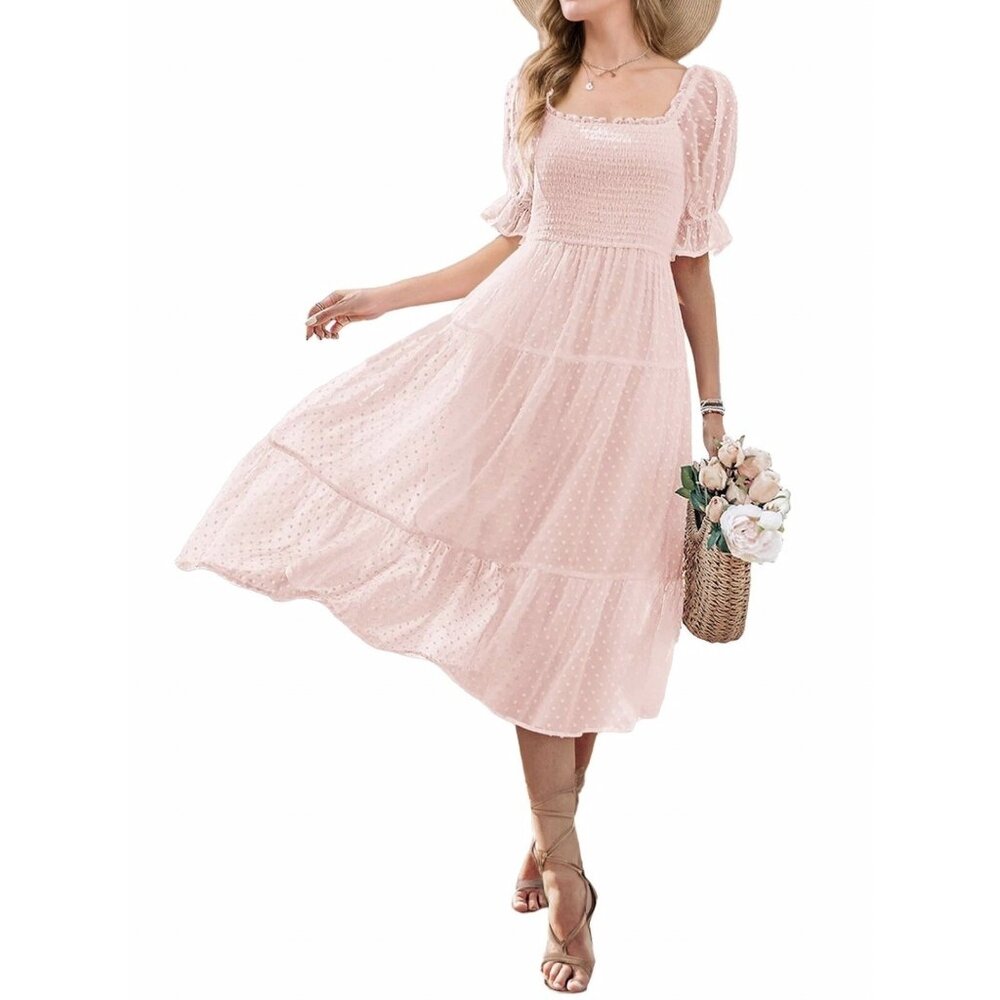 Women's Pink Puff Sleeve Boho Midi Dress Swiss‎ Dot Ruffle Tie Back Size Small